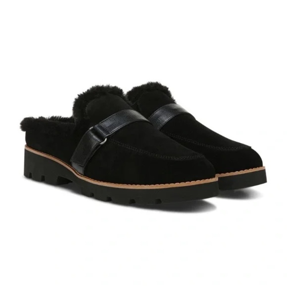 Vionic Kailen Black Suede Faux Fur Slip On Mules slides Women’s 9.5 orthotic